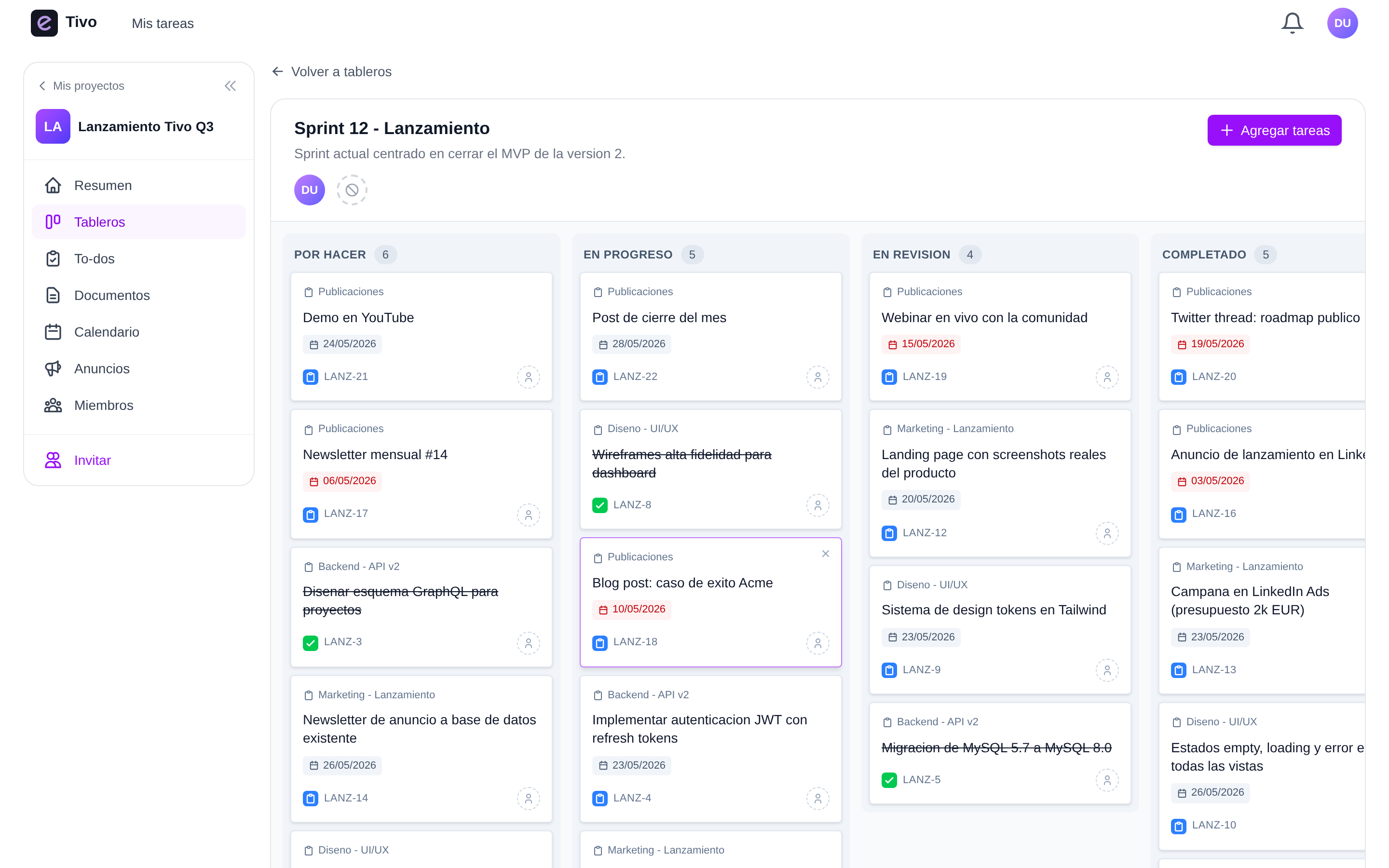 Tablero Kanban del sprint 12 en Tivo con cuatro columnas — Por hacer, En progreso, En revisión y Completado — y tarjetas de tareas reales
