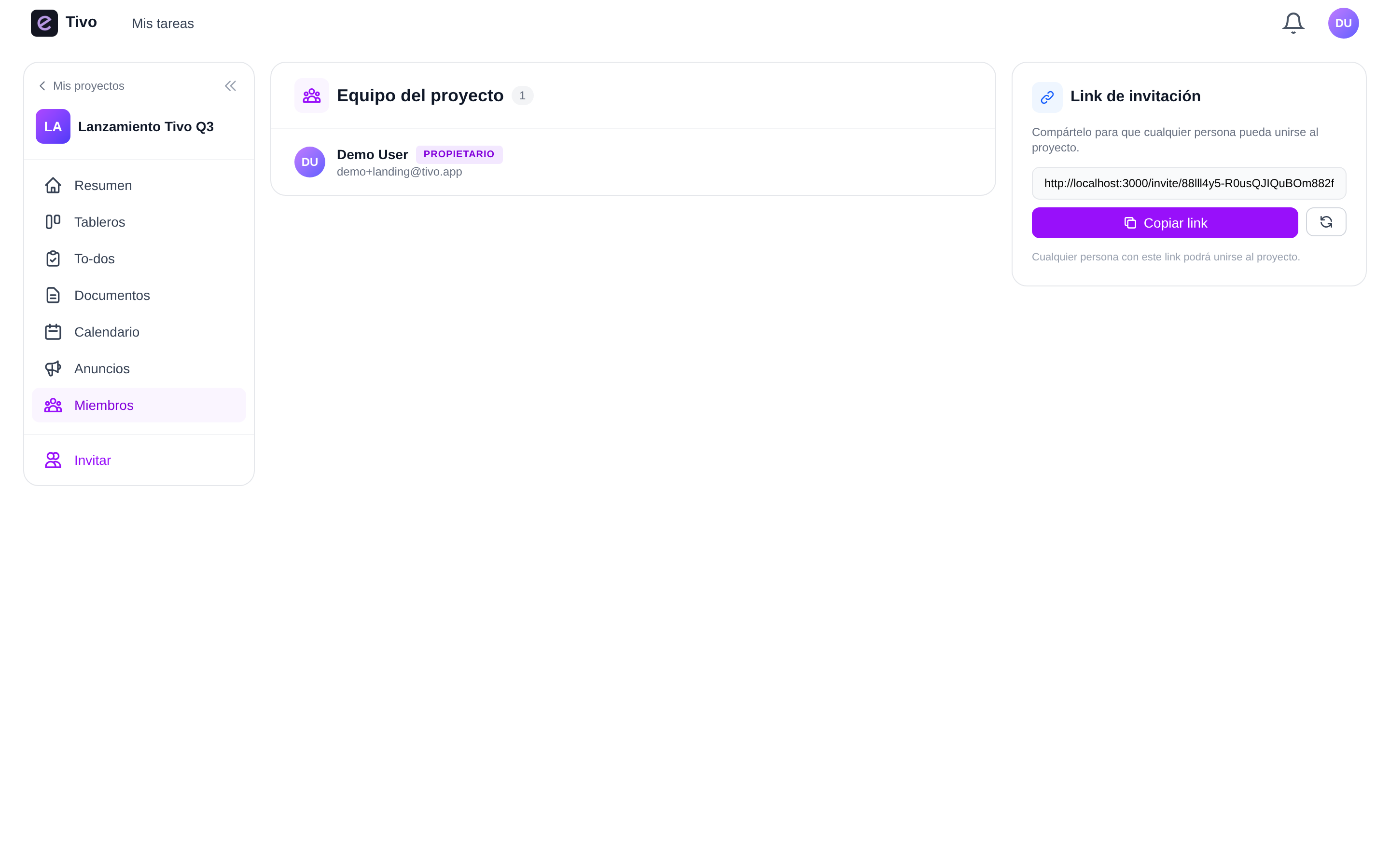 Pantalla de miembros del proyecto en Tivo con el equipo listado, sus roles y un link único de invitación copiable
