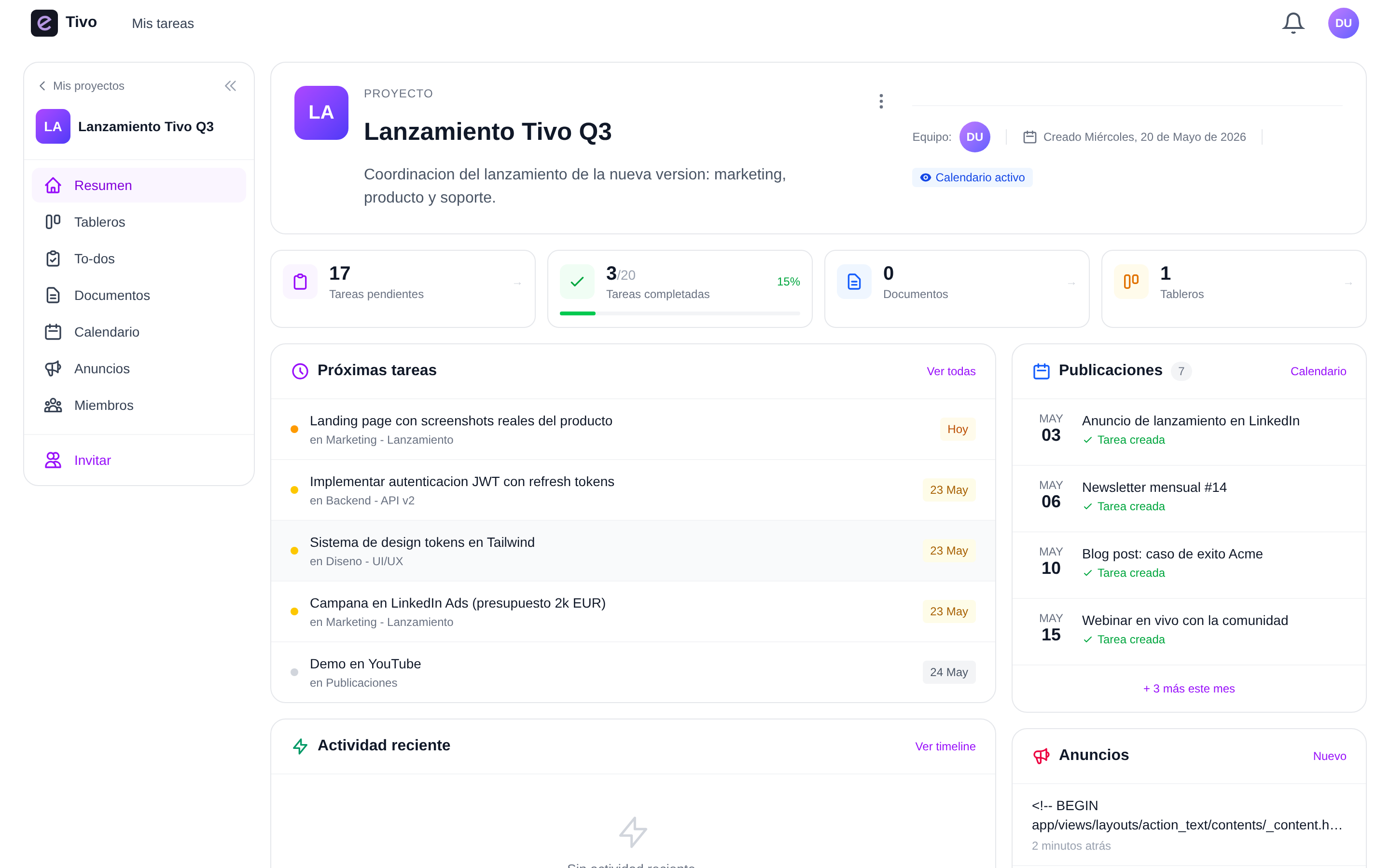 Panel de resumen de un proyecto en Tivo con métricas de tareas pendientes, completadas, próximas tareas y publicaciones